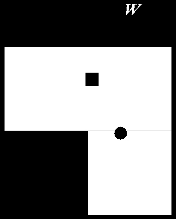 Shades of Doom screenshot of the gameplay, showing a white corridor with a turn to the left. A black dot portrays the player and a black square an encounter (in this case a mad scientist). The letter W shows that the player is facing west.